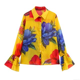 Women's Floral Print Chiffon Blouse Yellow Flare Sleeve Lapel Button Up Top Boho Style Casual Shirt For Women Spring Summer Lightweight