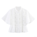 Women's Lace Patchwork Blouse Short Flutter Sleeve Button Down Lapel Shirt Sweet White Polyester Lace Top For Women Casual Summer