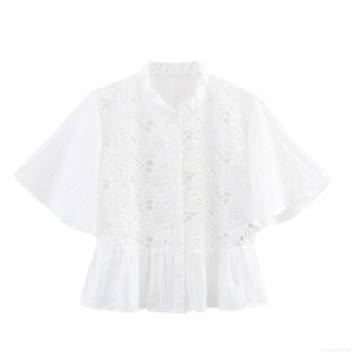 Women's Lace Patchwork Blouse Short Flutter Sleeve Button Down Lapel Shirt Sweet White Polyester Lace Top For Women Casual Summer