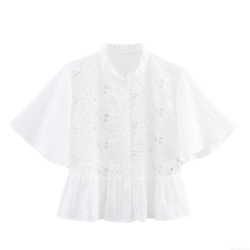 Women's Lace Patchwork Blouse Short Flutter Sleeve Button Down Lapel Shirt Sweet White Polyester Lace Top For Women Casual Summer