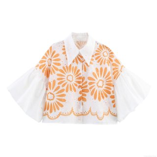 Women's Summer Short Puff Sleeve Blouse Floral Embroidery Eyelet Lace Top Loose Fit Single Breasted Lapel Shirt Fresh Sweet Style For Women