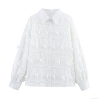 Women French Sweet White Embroidered Blouse Long Sleeve Hollow Out Lace Patchwork Shirt With 3D Floral Decor Loose Pastoral Tops
