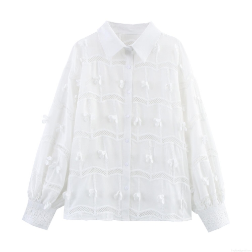 Women French Sweet White Embroidered Blouse Long Sleeve Hollow Out Lace Patchwork Shirt With 3D Floral Decor Loose Pastoral Tops