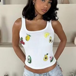 Women's Summer Fruit Sequin Embroidered Tank Top White Polyester Cotton Blend Ribbed Knit Slim Fit Crop Top With Lemon Avocado Strawberry Pattern Beach Casual Sleeveless Vest Camisole