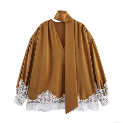 Women's Elegant Scarf Neck Blouse Vintage Lace Patchwork Long Sleeve Top Casual Loose Tie Front Polyester Shirt For Ladies Office Party