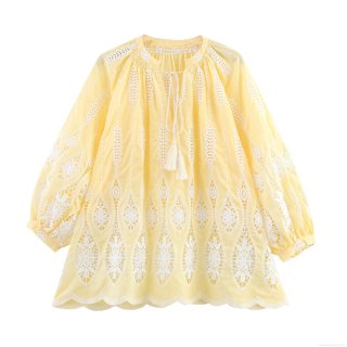 French Style Women Embroidered Blouse V Neck Puff Long Sleeve Boho Top With Tassel Tie Hollow Out Lace Summer Beach Vacation Resort Shirt