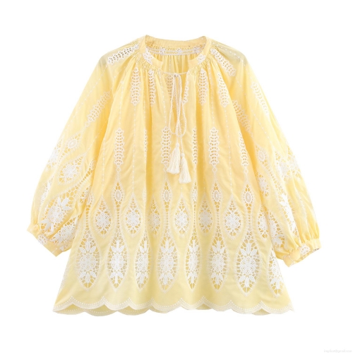 French Style Women Embroidered Blouse V Neck Puff Long Sleeve Boho Top With Tassel Tie Hollow Out Lace Summer Beach Vacation Resort Shirt