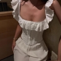 Women's French Sweet White Lace Crop Top Square Neck Ruffle Sleeveless Corset Blouse With Embroidery Lace-up Back For Summer Vacation