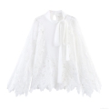 Women White Elegant Lace Blouse Long Sleeve Stand Collar Bow Tie Shirt Floral Hollow Out Mesh Tops For Office Lady Commuter Sweet Style