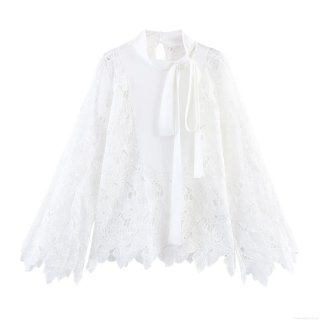 Women White Elegant Lace Blouse Long Sleeve Stand Collar Bow Tie Shirt Floral Hollow Out Mesh Tops For Office Lady Commuter Sweet Style