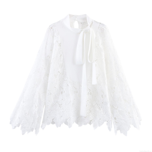 Women White Elegant Lace Blouse Long Sleeve Stand Collar Bow Tie Shirt Floral Hollow Out Mesh Tops For Office Lady Commuter Sweet Style