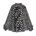 Vintage Polka Dot Chiffon Blouse Women Ruffle Stand Collar Tie Neck Lantern Sleeve Loose Casual Shirt Retro Elegant Ladies Tops