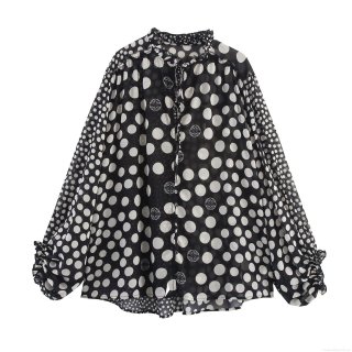 Vintage Polka Dot Chiffon Blouse Women Ruffle Stand Collar Tie Neck Lantern Sleeve Loose Casual Shirt Retro Elegant Ladies Tops
