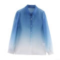 Women's Blue White Gradient Sheer Organza Blouse Shirt Loose Long Sleeve Turn-down Collar Button Down Top for Daily Casual Sweet Fashion
