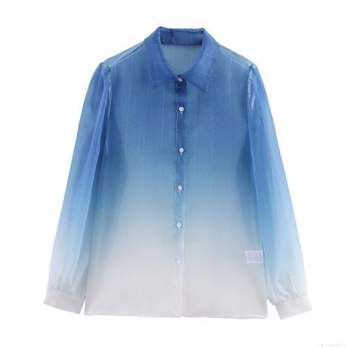 Women's Blue White Gradient Sheer Organza Blouse Shirt Loose Long Sleeve Turn-down Collar Button Down Top for Daily Casual Sweet Fashion