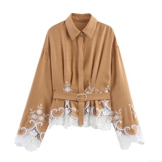 Elegant Lace Patchwork Women Long Sleeve Shirt With Belt Lapel Button Down Puff Sleeve Blouse For Women Commute Office Fashion Solid Color Polyester Top
