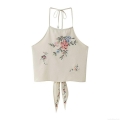 Women French Pastoral Style Embroidered Halter Neck Crop Top Sexy Backless Tie Camisole With Pearl Summer Polyester Cotton Linen Floral Tank Top