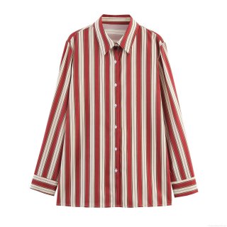 Women's Striped Long Sleeve Blouse Polyester Lapel Shirt With Back Tie Waist Commuter Office Top Casual Slim Fit Vertical Stripe Button Down Shirt