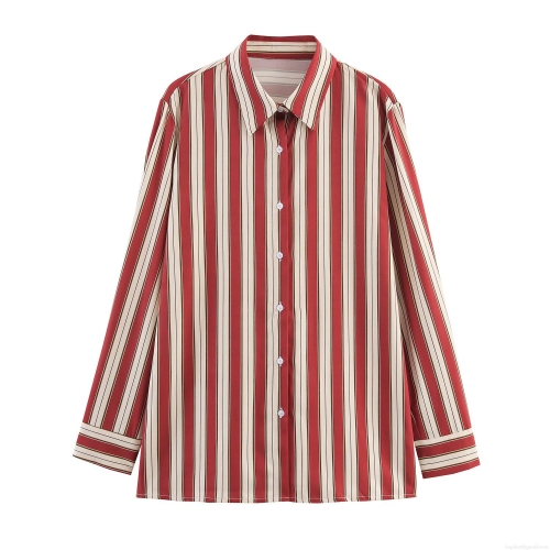 Women's Striped Long Sleeve Blouse Polyester Lapel Shirt With Back Tie Waist Commuter Office Top Casual Slim Fit Vertical Stripe Button Down Shirt