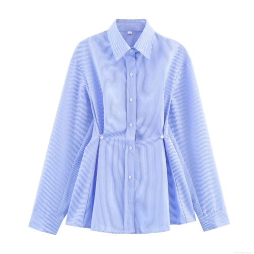 Elegant Striped Long Sleeve Button Down Blouse for Women Waist Cinched Commuter Shirt with Lapel Collar Polyester Work Tops