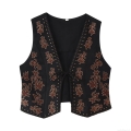 Women's Bohemian Ethnic Style Faux Suede Vest Floral Embroidery Lace-up Short Waistcoat With Gold Rivets Retro V-Neck Sleeveless Top For Autumn Winter