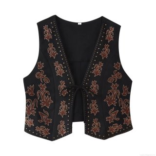 Women's Bohemian Ethnic Style Faux Suede Vest Floral Embroidery Lace-up Short Waistcoat With Gold Rivets Retro V-Neck Sleeveless Top For Autumn Winter
