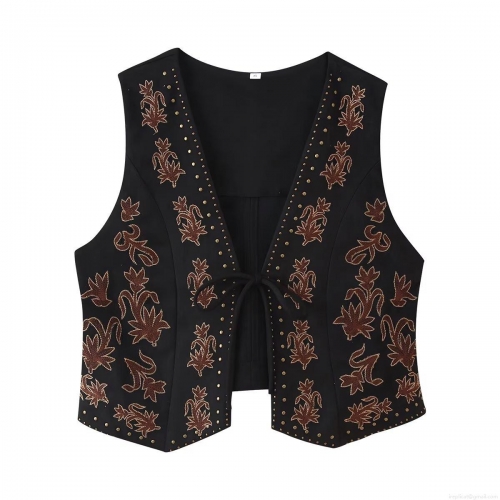 Women's Bohemian Ethnic Style Faux Suede Vest Floral Embroidery Lace-up Short Waistcoat With Gold Rivets Retro V-Neck Sleeveless Top For Autumn Winter