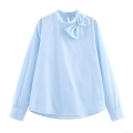 Women's Commute Long Sleeve Mock Neck Blouse Polyester Solid Color Pullover Top With Decorative Bow Metal Buckle Elegant Shirt