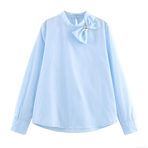 Women's Commute Long Sleeve Mock Neck Blouse Polyester Solid Color Pullover Top With Decorative Bow Metal Buckle Elegant Shirt