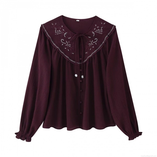 Women's Retro Bohemian Embroidered Blouse Polyester Crepe Large Collar Beaded Tie Neck Long Lantern Sleeve Loose Casual Elegant Pullover Tops For Women