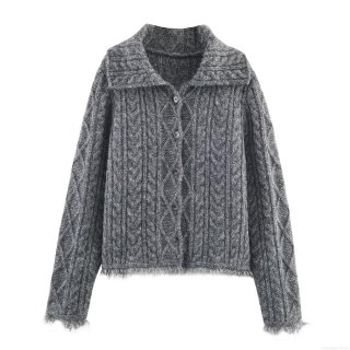 Women's Retro Cable Knit Cardigan Sweater Lapel Long Sleeve Button Down Jacket With Tassel Trim Solid Color Casual Loose Knitted Outerwear For Autumn Winter