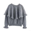 Women's Grey Ruffle Knit Sweater Hollow Out Round Neck Long Sleeve Pullover Soft Fuzzy Loose Fit Casual Tops For Autumn Winter
