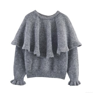Women's Grey Ruffle Knit Sweater Hollow Out Round Neck Long Sleeve Pullover Soft Fuzzy Loose Fit Casual Tops For Autumn Winter