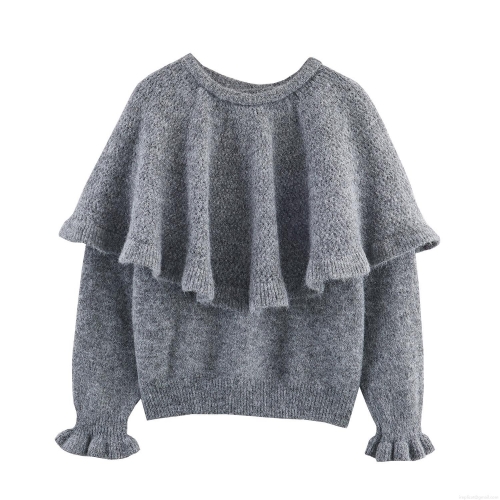 Women's Grey Ruffle Knit Sweater Hollow Out Round Neck Long Sleeve Pullover Soft Fuzzy Loose Fit Casual Tops For Autumn Winter