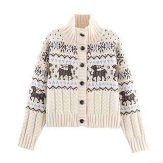 Women Christmas Reindeer Knit Cardigan Retro High Neck Button Up Long Sleeve Polyester Nordic Fair Isle Winter Warm Sweater Top For Ladies Xmas Holiday