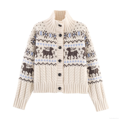 Women Christmas Reindeer Knit Cardigan Retro High Neck Button Up Long Sleeve Polyester Nordic Fair Isle Winter Warm Sweater Top For Ladies Xmas Holiday