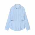 Women's Long Sleeve Button Down Shirt Polyester Blend Pleated Waist Blouse Casual Commuter Solid Color Lapel Top For Office Ladies
