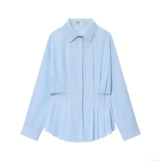 Women's Long Sleeve Button Down Shirt Polyester Blend Pleated Waist Blouse Casual Commuter Solid Color Lapel Top For Office Ladies