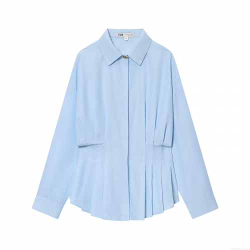 Women's Long Sleeve Button Down Shirt Polyester Blend Pleated Waist Blouse Casual Commuter Solid Color Lapel Top For Office Ladies