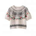 Women's 100% Polyester Short Sleeve Knit Sweater Round Neck Pullover Retro Floral Embroidery Fair Isle Geometric Pattern Beige Knitwear Top