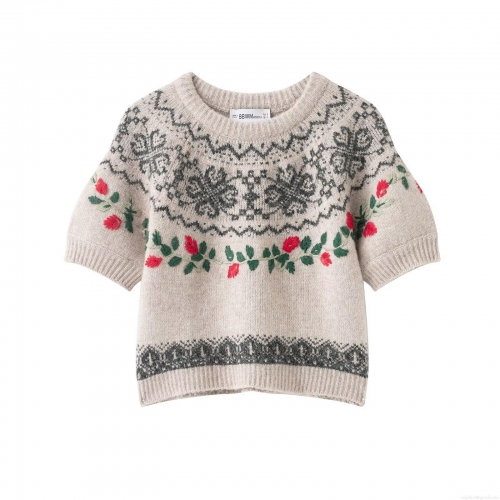 Women's 100% Polyester Short Sleeve Knit Sweater Round Neck Pullover Retro Floral Embroidery Fair Isle Geometric Pattern Beige Knitwear Top