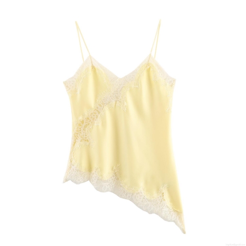 Women's Sexy Lace Patchwork Camisole Satin Polyester V-Neck Spaghetti Strap Top Asymmetric Hem Backless Sleeveless Tank Top For Party Dating Elegant Boudoir Style