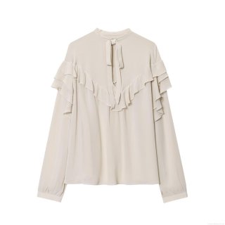 French Vintage Chiffon Blouse Women's Elegant Ruffle Trim Bow Tie V-Neck Long Sleeve Shirt Solid Color Loose Fit Tops For Daily Office Party