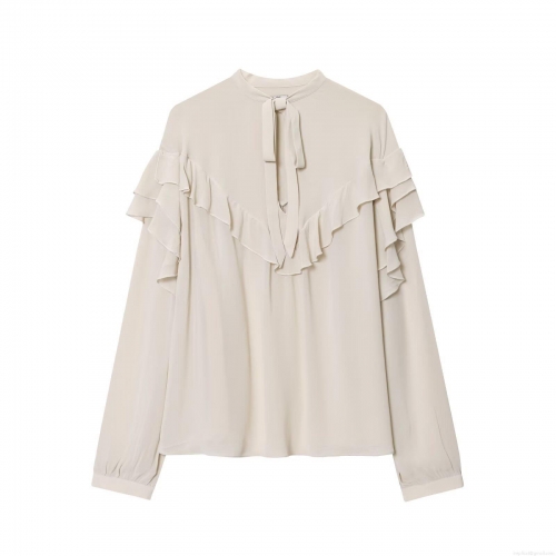 French Vintage Chiffon Blouse Women's Elegant Ruffle Trim Bow Tie V-Neck Long Sleeve Shirt Solid Color Loose Fit Tops For Daily Office Party