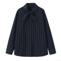 Women's Plaid Long Sleeve Bow Tie Neck Shirt Oversized Boyfriend Style Poplin Blouse Casual Button Down Tops For Women