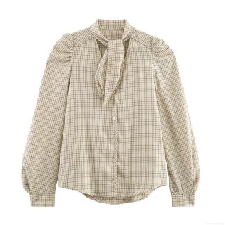 Women's Preppy Style Plaid Blouse With Bow Tie Puff Sleeve Polyester Long Sleeve Loose Shirt For Daily School Sweet Top