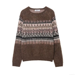Women's Vintage Round Neck Geometric Jacquard Knitted Sweater Fair Isle Loose Fit Long Sleeve Soft Polyester Knit Pullover Top Autumn Casual Wear
