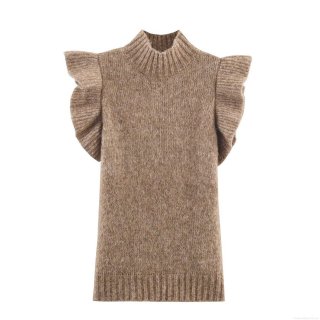 Women's Flutter Sleeve Knitted Top Chic Soft Ruffle Shoulder Stand Collar High Neck Ribbed Hem Sweater Vest For Daily Casual Autumn Winter