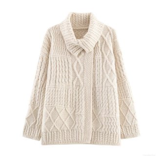 Women's Casual Iceland Wool Cable Knit Cardigan Sweater Vintage Lapel Collar Loose Fit Thick Warm Knitted Outwear For Autumn Winter Ladies