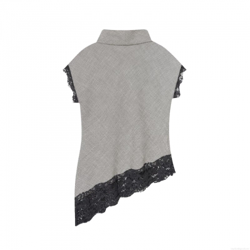 Elegant Houndstooth Lace Splicing Blouse Women Sexy High Neck Asymmetrical Hem Short Sleeve Top Casual Urban Style Pullover
